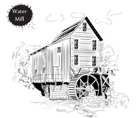 Drawing in the old style of the water mill for designs and menus - obrazy, fototapety, plakaty