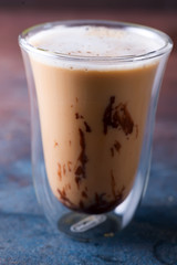 Closeup chocolate Coffee on stone background, copy space