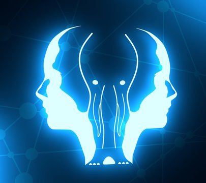 Fototapeta An elephant or two face profile view. Optical illusion. Human head make silhouette of animal. Neon bulb illumination. 3D rendering