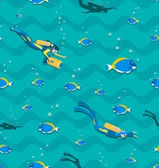 Diving girls, scooter and tropical fish. Seamless pattern. Young woman in a wetsuit and with a scooter swimming underwater. Underwater background.