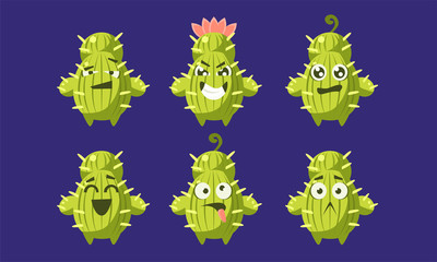 Cute Funny Cactus Characters Set, Funny Succulent Plants with Different Emotions Vector Illustration