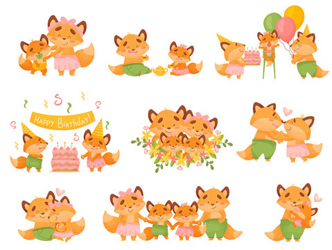 Set of images of a family of foxes in different situations. Vector illustration on a white background.