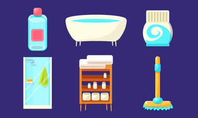 Bath Equipment and Accessories Set, Modern Bathroom Interior Design Elements Vector Illustration