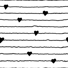 Black doodles hand-drawn seamless pattern heart pattern on striped background. Vector EPS8