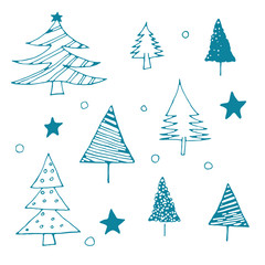 doodles hand-drawn Christmas set with a cute kids Christmas trees. Vector EPS8