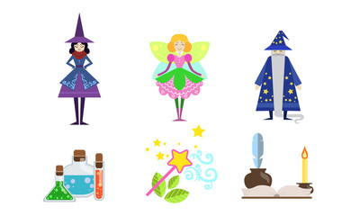 Fairytale Fantasy Characters with Magical Equipment Set, Witch, Fairy, Sorcerer, Potion, Magic Wand, Magic Book Vector Illustration