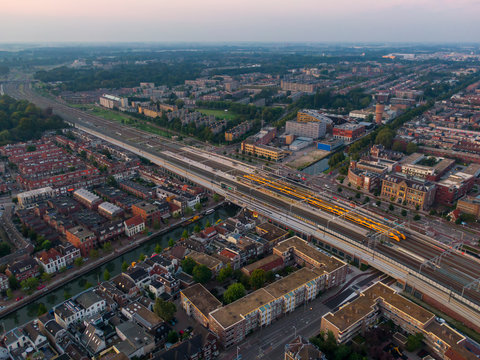 Aerial image of intercity trains at Utrecht Vaartsche Rijn railway station