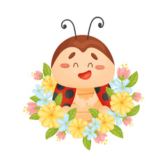 Cartoon ladybug among the flowers. Vector illustration on a white background.