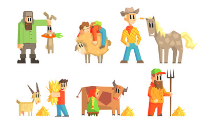 People Working on Farm Set, Farmers Caring, Feeding and Milking of Domestic Farm Animals Vector Illustration
