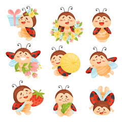 Set of cartoon ladybugs. Vector illustration on a white background.