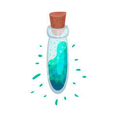Test tube with bright blue liquid. Closed by a wooden cork. Vector illustration on a white background.