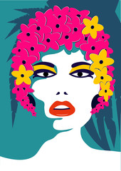 Sexy woman face with Swimming cup. Retro summer beach concept