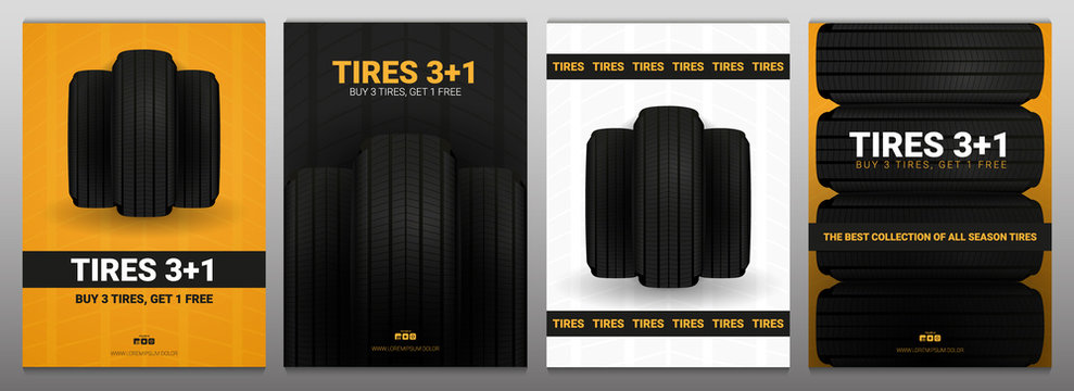 Tires car advertisement poster. Black rubber tire on the background with wheel tire tracks.