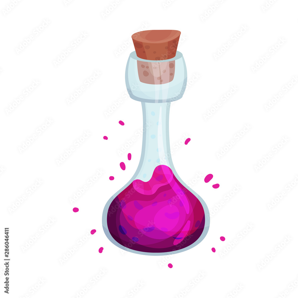Poster tall flask with a pink elixir. vector illustration on a white background.
