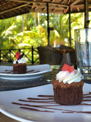 delicious chocolate cake in a tropical restaurant