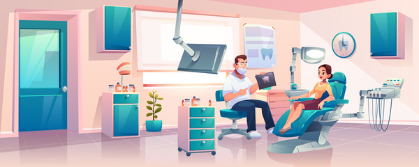 Woman sitting in dentist chair, listening doctors explanations about x-ray results while having appointment in modern, well equipped dentist clinic or stomatology cabinet cartoon vector illustration