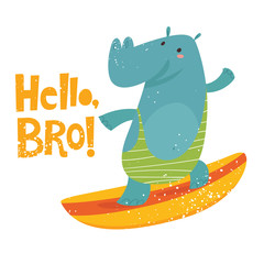 Cute surfing hippo vector image with lettering