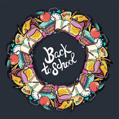 Cartoon cute Doodle back to school phrase. Colorful illustration in vector. Hand-drawn. Wreath of different school subjects.