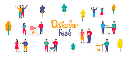 Oktoberfest - German beer festival. Tiny men and women have a drink and a barbecue. Autumn outdoor scene