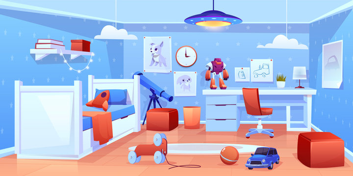 Preschooler boy comfortable bedroom interior in blue, red colors with bed, soft ottomans, cute animal pictures on wall, chair near desk, telescope, toys and carpet on floor cartoon vector illustration