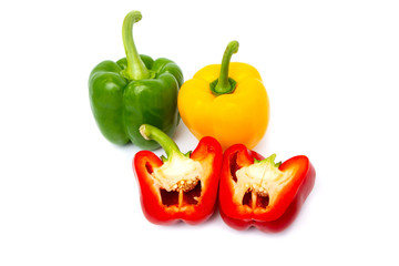 Green Red Yellow bell peppers slice group isolated on white backgroundon
