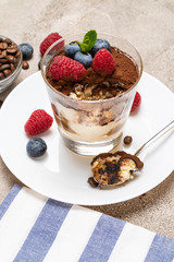 Classic tiramisu dessert portion with blueberries and raspberries in a glass cup on concrete background