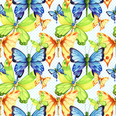 Watercolor seamless pattern in retro style with butterflies and moths. Decorative layered background for a wedding, kids or branding design in blue, green, and yellow colors