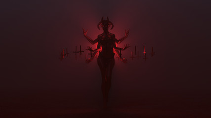 Black Seductive Multi-Armed Devil Woman with Upside Down Floating Crosses Abstract Demon in a Foggy Void Front View 3d illustration 3d render    © paul