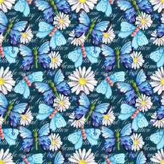 Watercolor seamless pattern in retro style with butterflies, flowers, and calligraphy. Vintage background for a wedding, kids or branding design in blue and violet colors