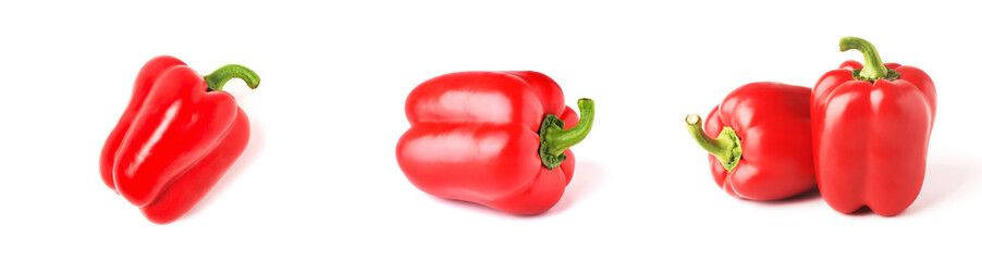 Set of fresh whole bell pepper isolated one and two on white background. Top view Tropical abstract background. Collection of red ripe bell pepper vegetaibles on the white background.