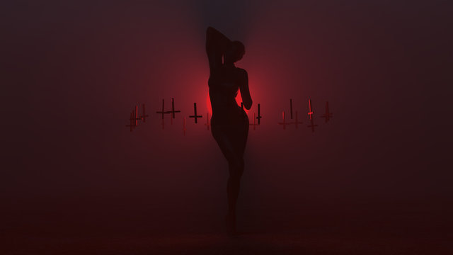 Black Seductive Demon in a Futuristic Haute Couture Shrink Wrapped Dress  Upside Down Floating Crosses Abstract Demon in a Foggy Void Front View 3d illustration 3d render  	