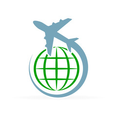 Logo design with airplane that flies around the earth or globe. Eco word.
