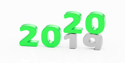3d illustration of 2020 new year, written with 2020 text upon 2019 text in green color