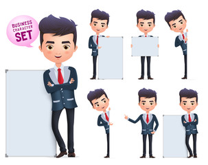 Business man vector characters set. Male business character standing and holding blank whiteboard for presentation isolated in white background. Vector illustration.
