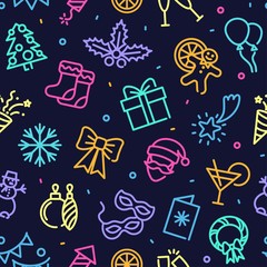 Seamless background with neon symbols of new year and Christmas