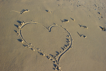 Lettering love, heart on sand sunrise background sea, beach dawn wave