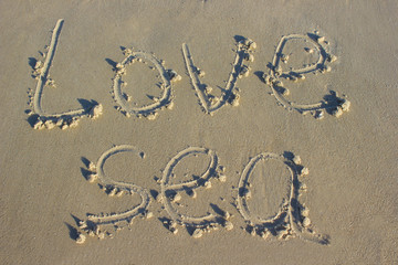 Lettering love sea on sand sunrise background sea, beach dawn