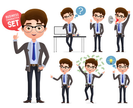 Male business characters set. Businessman professional character talking, standing and thinking in different pose and gesture isolated in white background. Vector illustration.