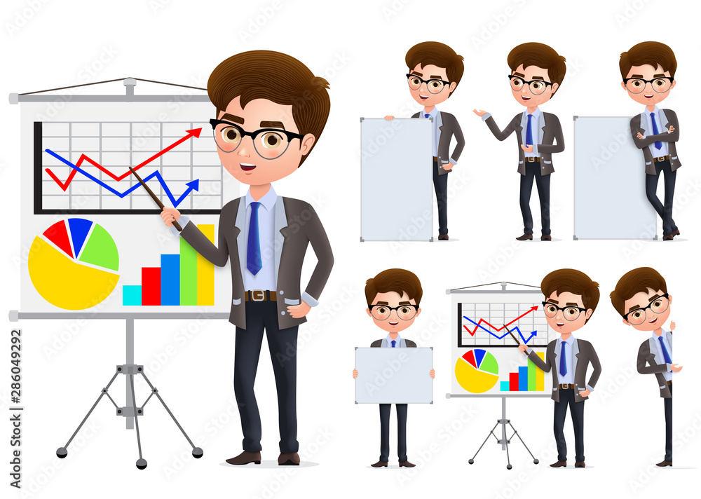 Poster businessman presentation vector character set. business man characters in presentation standing and 
