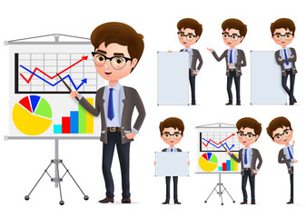 Businessman presentation vector character set. Business man characters in presentation standing and holding blank whiteboard in white background. Vector illustration.