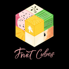 Collection of Isometric frut cubes on black background. Colorful vector food illustration for healthy food cafe, restaurant, fruits and grocery market