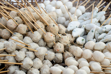 Boiled ball with sticks, Thai style food. Street fast food in Thailand, closeup