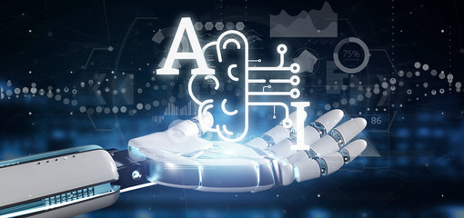 Cyborg hand holding artificial intelligence icon with half brain and half circuit 3d rendering