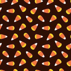 Fototapeta na wymiar Vector cartoon style seamless pattern background with candy corn, popular halloween sweets.