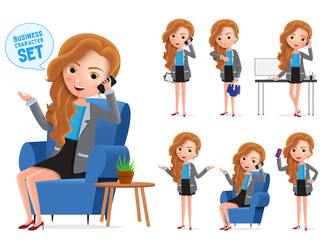 Businesswoman vector characters set. Sitting business woman young office manager character talking on mobile phone isolated in white background, Vector illustration.
