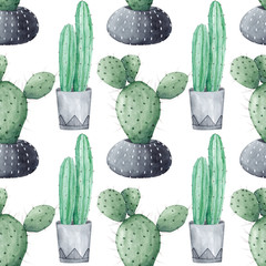 Seamless pattern with watercolor green cactuses in pots. Hand drawn  background with botanical elements