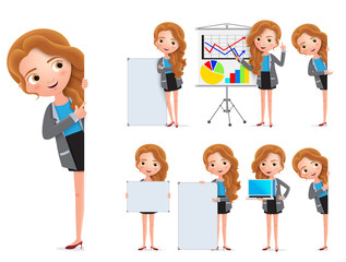 Fototapeta premium Business woman character vector set. Female businesswoman characters holding whiteboard and showing presentation with happy smile isolated in white background. Vector illustration.