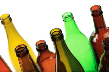 set of empty beer bottles on  white background - Image