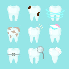 Cute teeth colorful set with different tooth conditions. Healthy and bad teeth. Cartoon vector tooth isolated illustration.