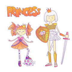 Bad girl cute cartoon illustration. Bad girl and princess warrior, feminist cartoon concept illustration. Bad tomboy girl with soccer ball, princess warrior in armour, sword and shield. Brave princess